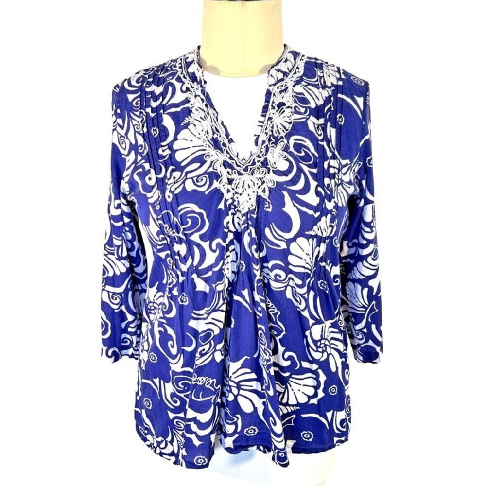 Lilly Pulitzer Tunic XL 3/4 Sleeve Blue White Beaded Neck Island Print Cotton